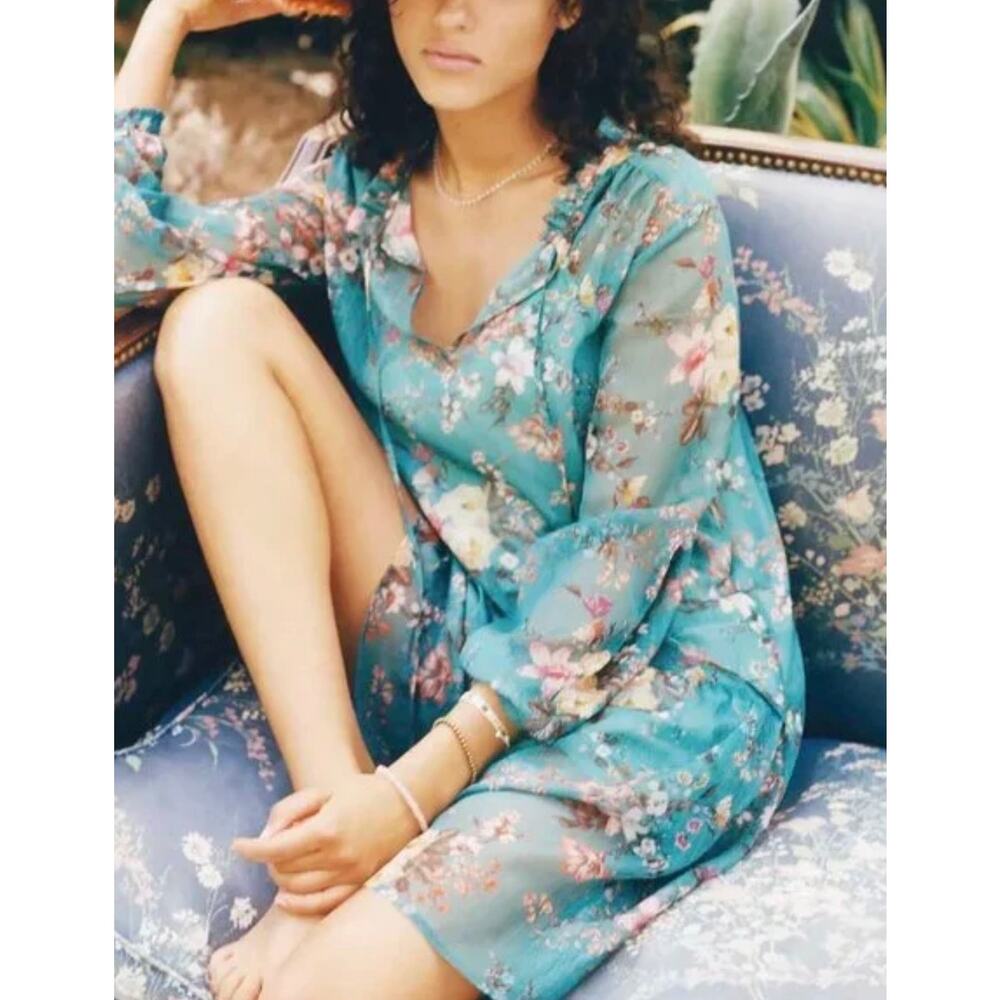 Anthropologie Maeve Emmy Floral Tunic Long Sleeve Sheer Dress Teal Size Small - Picture 1 of 12